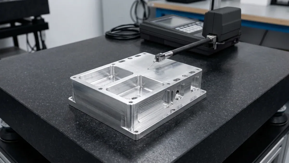 Profilometer measuring surface roughness Ra on CNC part