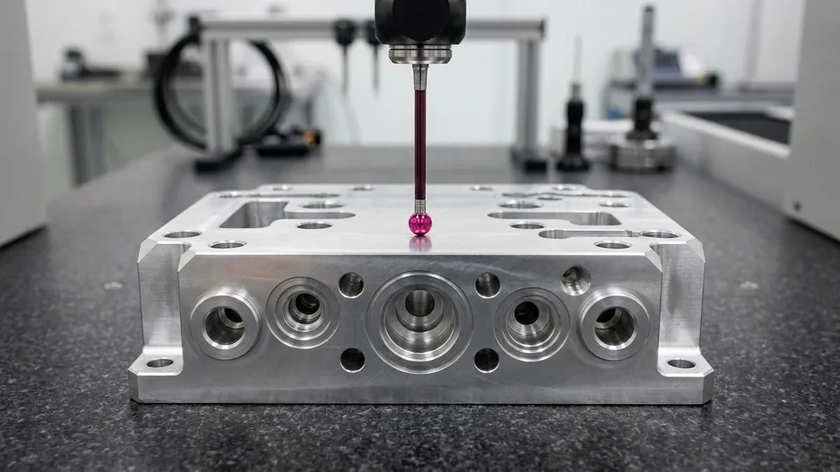 High-Precision Coordinate Measuring Machine CMM Touch Probe Verifying GD&T Positional Tolerances on Machined Aluminum Manifold