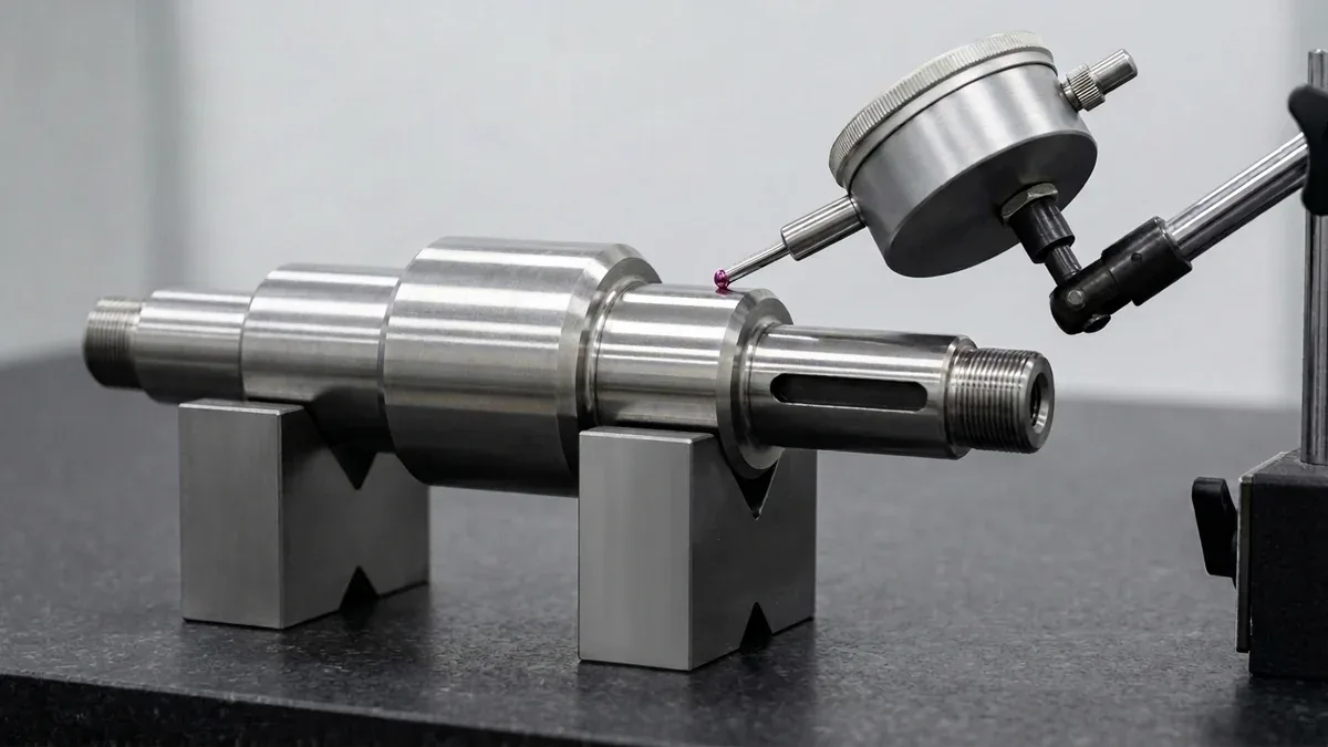 Dial test indicator verifying radial runout and surface tolerance on CNC turned stainless steel shaft