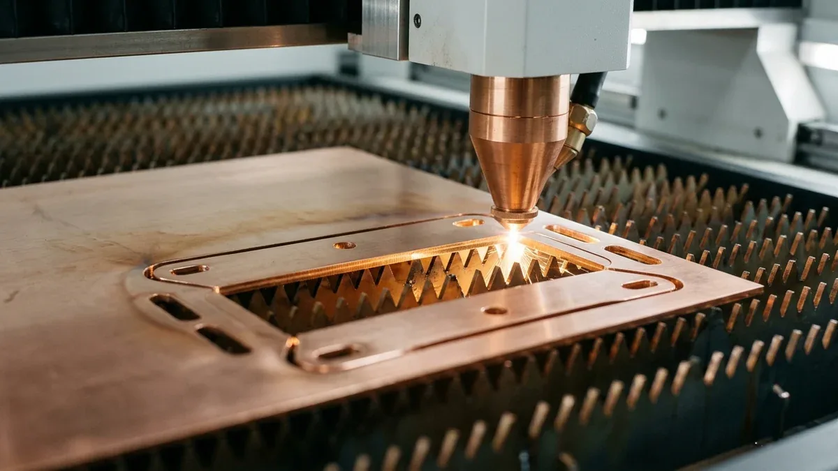 High-precision fiber laser cutting copper sheet metal with CAD bend relief notches
