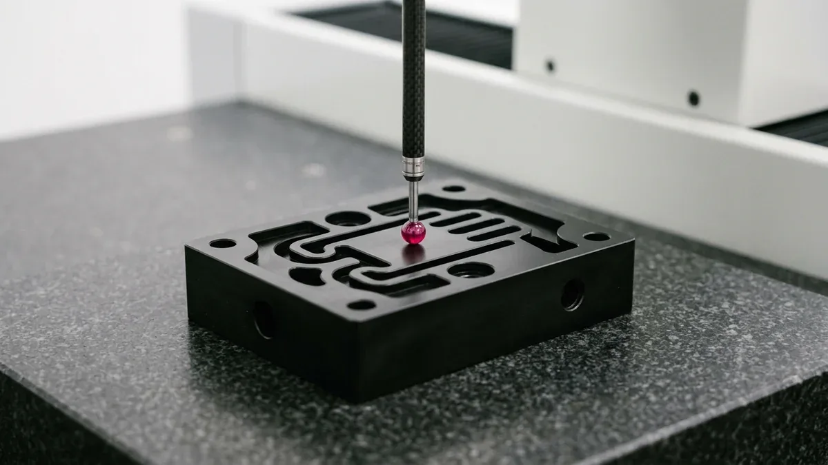 High-precision bridge CMM verifying tight tolerances and flatness on CNC machined black POM manifold