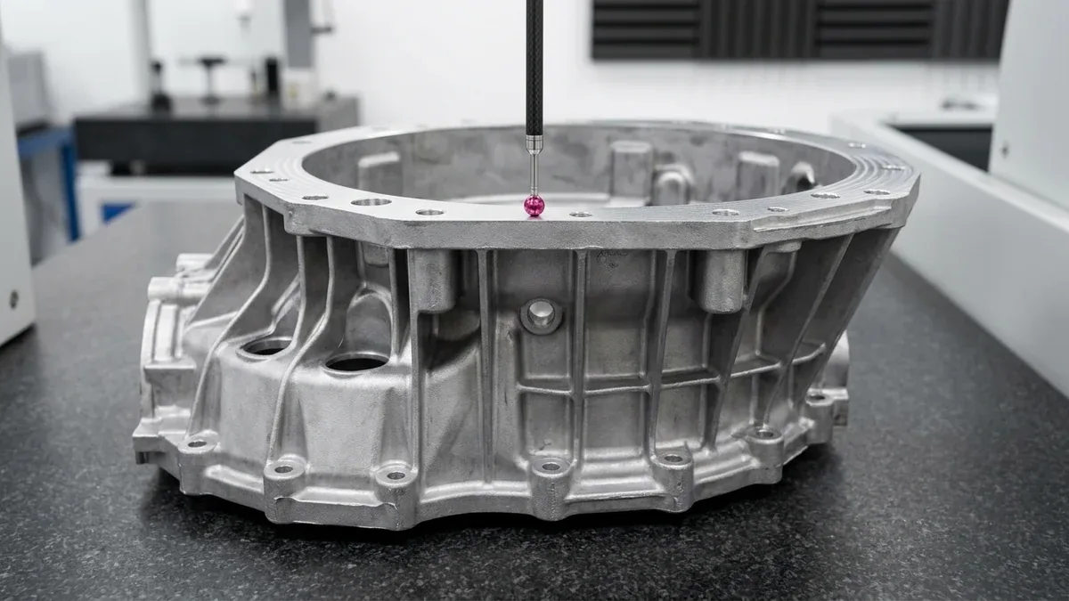 Coordinate measuring machine inspecting critical dimensional tolerances on die cast housing