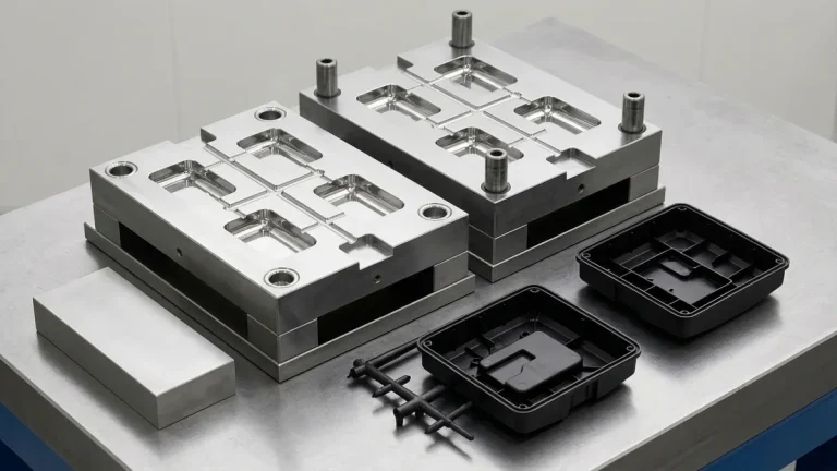 Precision injection mold core and cavity block featuring runner and gate delivery system