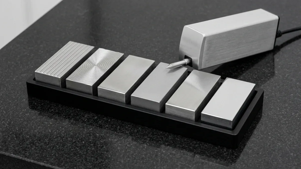 Precision surface roughness comparator blocks displaying Ra values from 3.2 to 0.1 micrometers