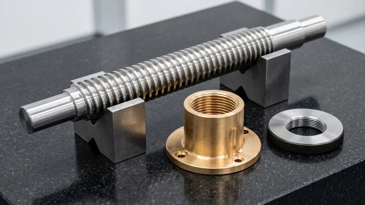 Stainless steel leadscrew and galled seized test coupon inspected on granite surface