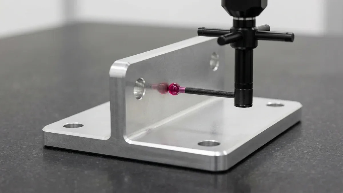 High-precision bridge CMM probe measuring perpendicularity deviation on precision machined angle bracket
