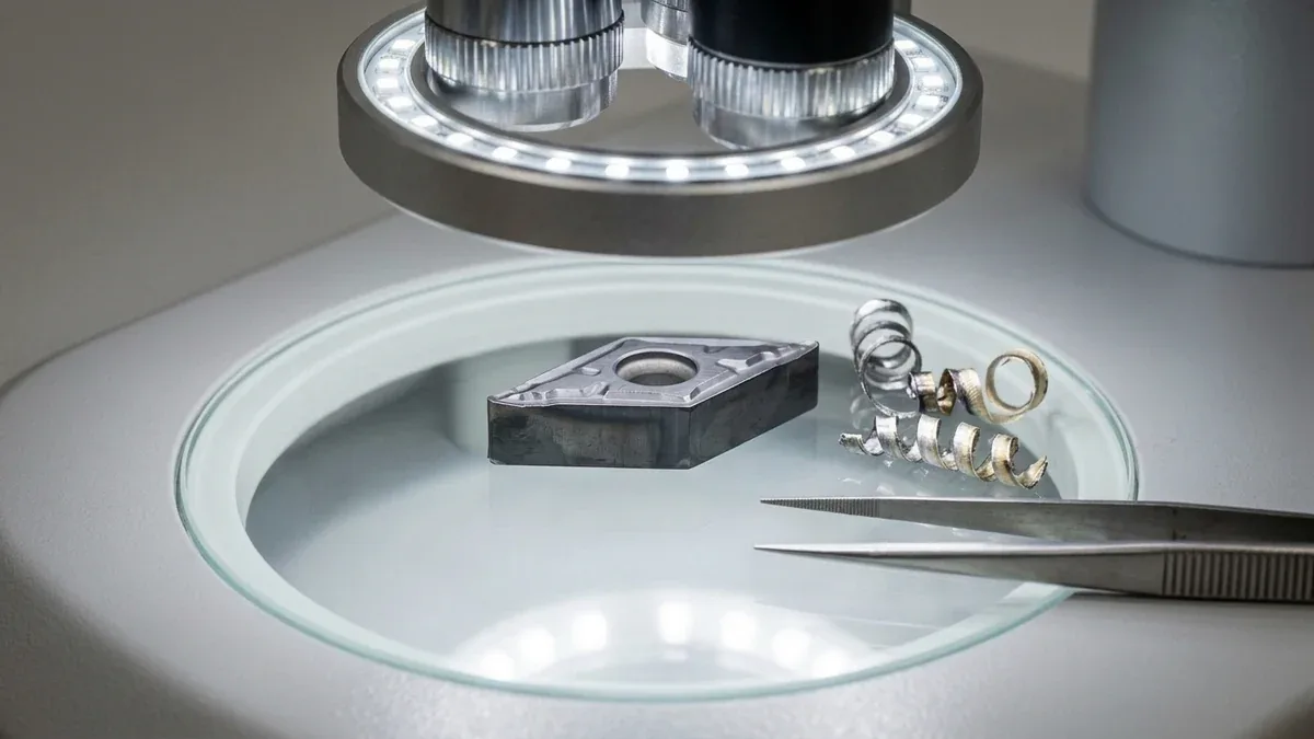 Optical stereomicroscope inspection of chip morphology and tool insert wear under optical microscope