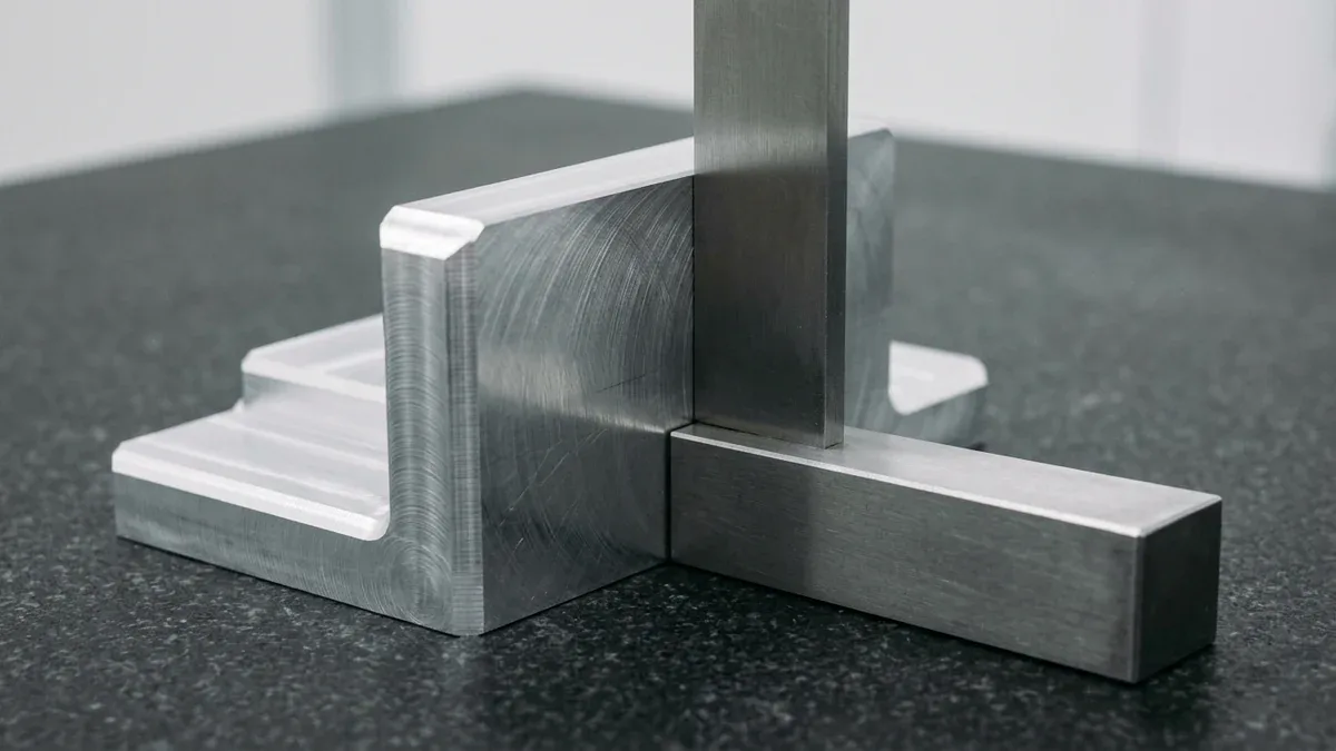 Wall Perpendicularity Metrology: Precision Square and Digital Dial Indicator Inspecting Side Milled Wall on Granite Plate