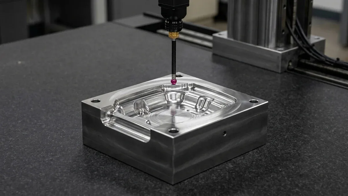 Calibrated digital metrology surface profilometer measuring scallop height and surface roughness on CNC machined mold cavity