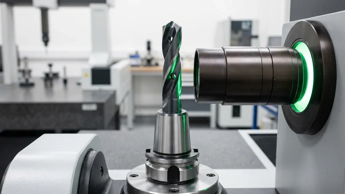 Optical CNC tool presetter measuring drill point angle and concentricity runout in metrology lab