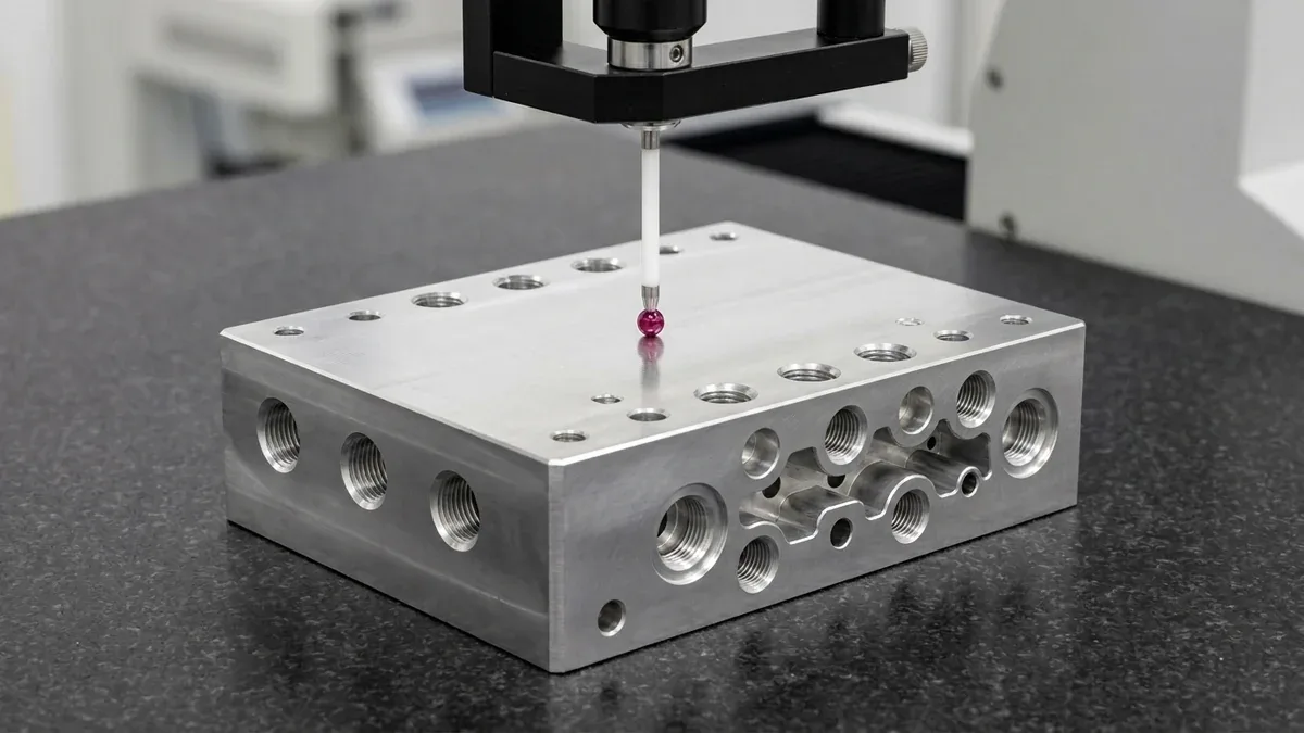 On-Machine Inspection OMI: Spindle-Mounted Wireless Touch Probe Probing Reference Datum Bore in 5-Axis Vise