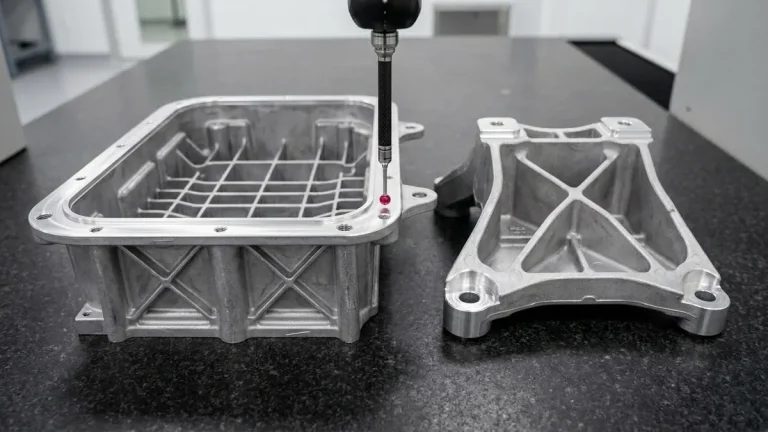 High-pressure die cast aluminum automotive structural engine bracket on inspection table