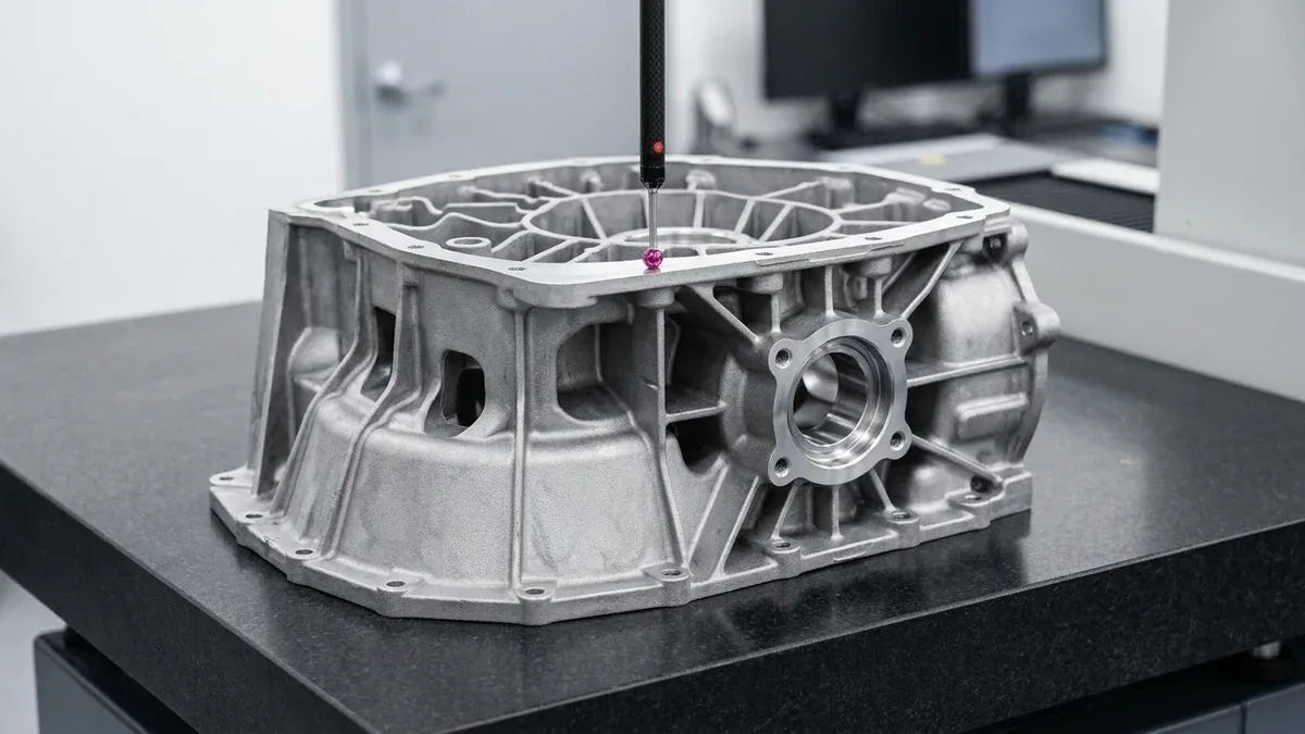 Precision CMM metrology inspection of die cast automotive transmission gearbox housing