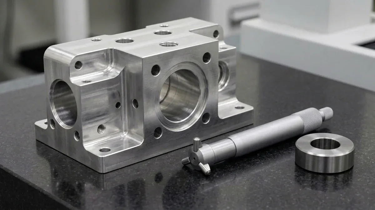 High-precision high-precision CMM ruby probe inspecting true position and bore tolerance on aerospace manifold