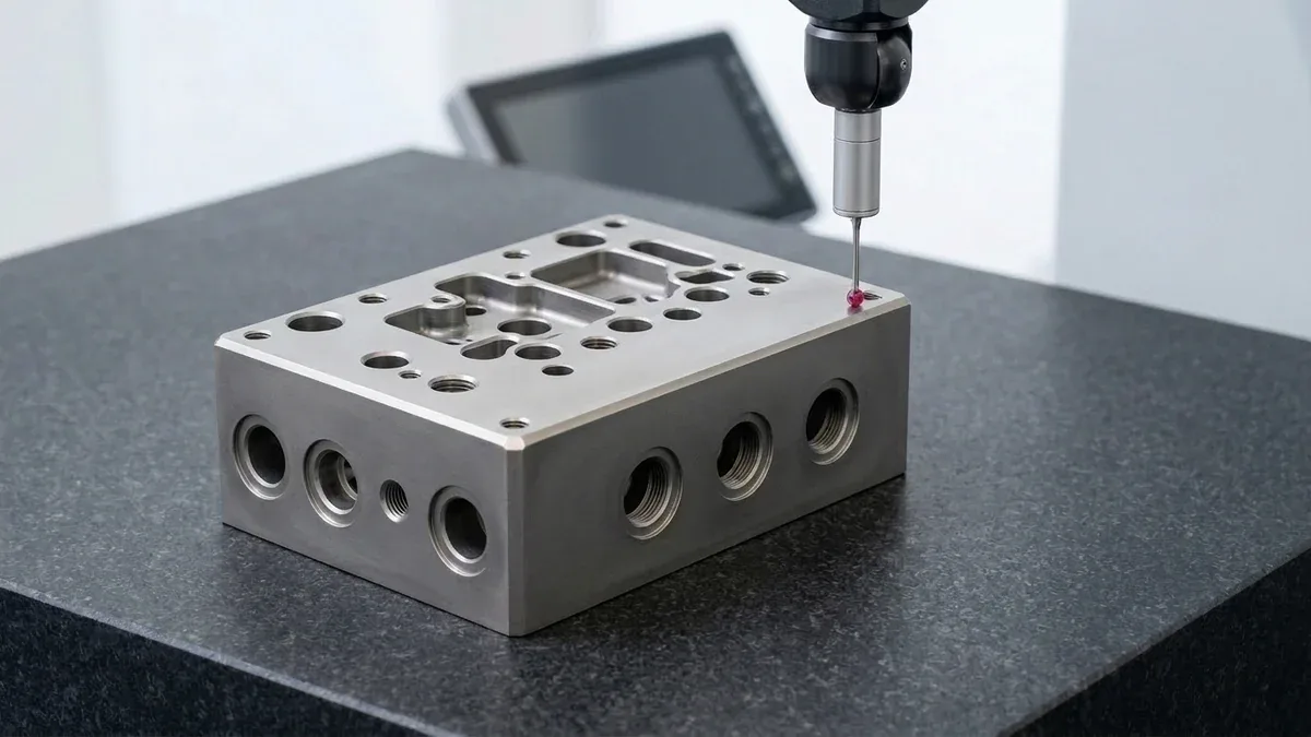 Precision manufacturing inspection systems deburring and inspecting complex CNC machined titanium manifold
