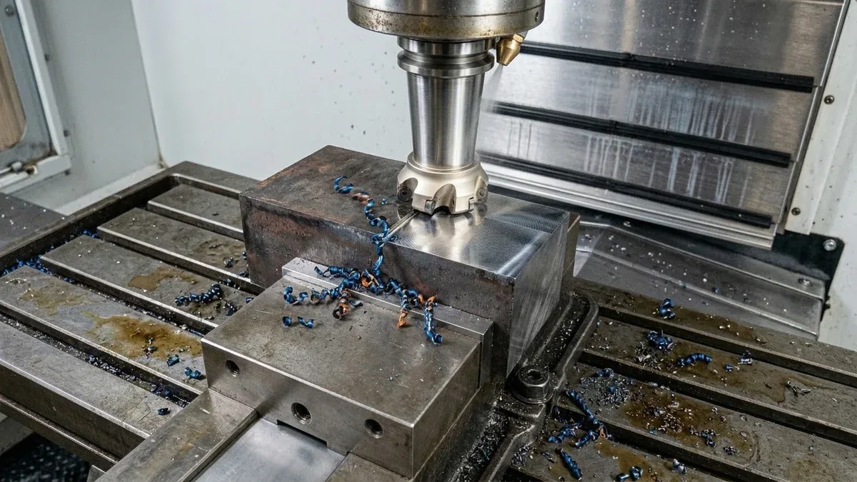 Heavy-duty CNC face mill with indexable carbide inserts machining hardened alloy steel block
