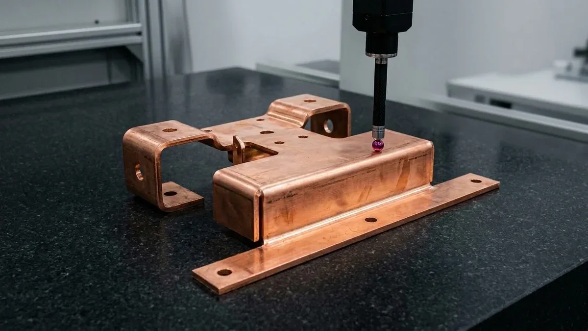 Digital optical protractor inspecting bend angles and flange dimensions on formed copper sheet parts