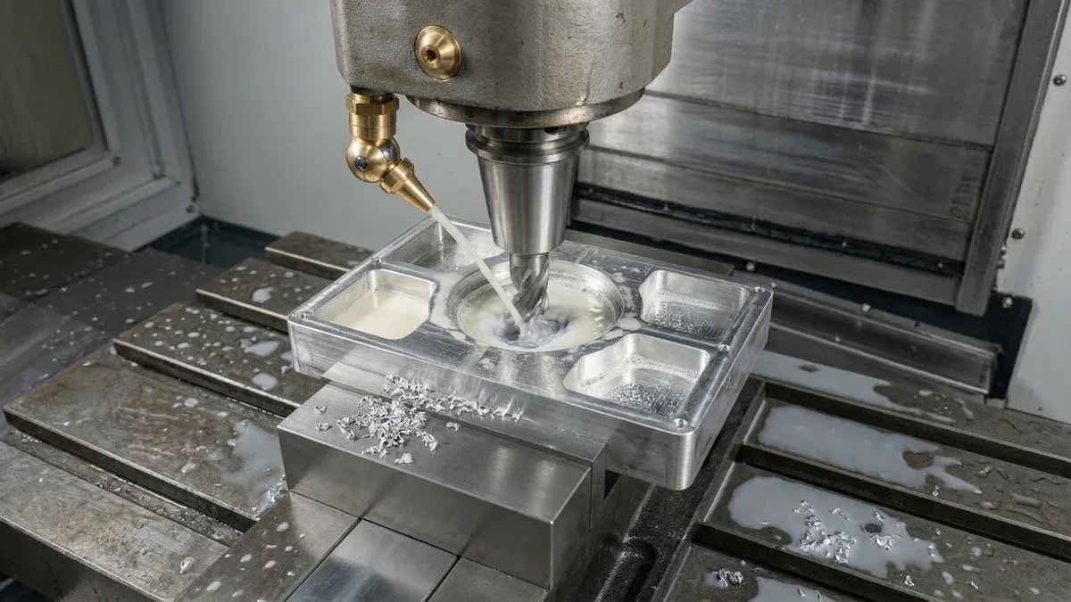 Multi-Axis Workholding Setup: Modular Zero-Point Clamping Chucks Holding Precision Aerospace Manifold on CNC Bed