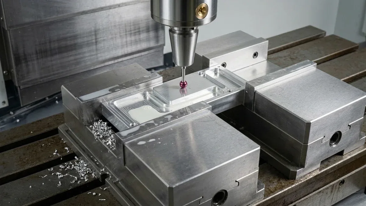 5-axis CNC machining center with wireless touch-trigger probe verifying workpiece datums