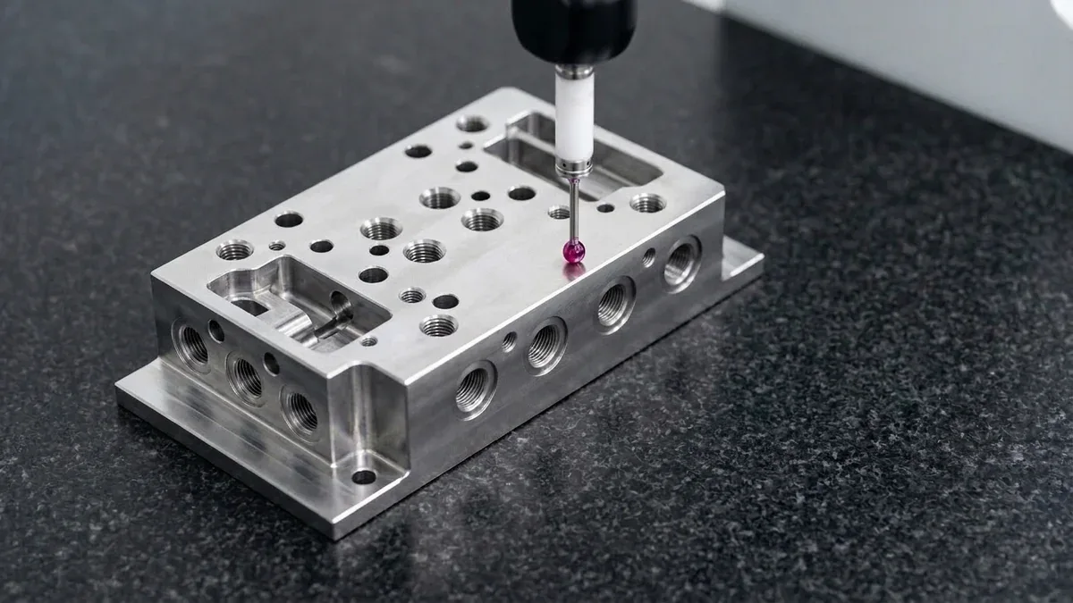 Metrology inspection of CNC machined valve body with digital height gage verifying machining allowance datum