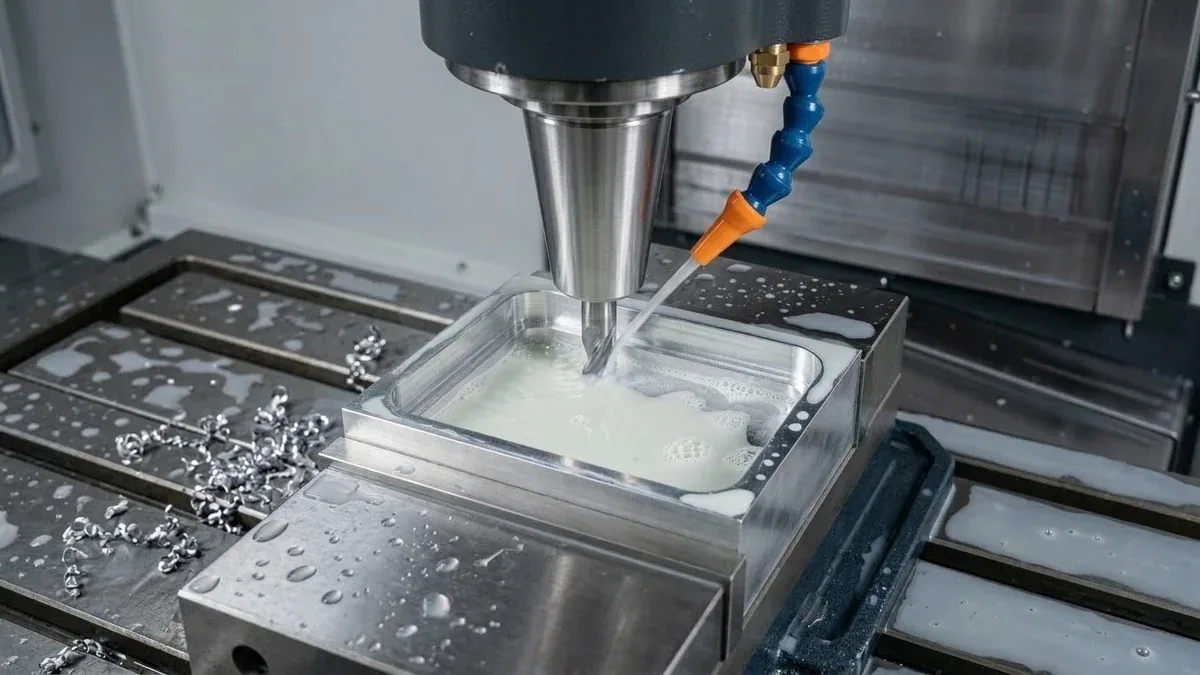 5-axis CNC high-speed trochoidal milling of 6061-T651 aluminum pocket with flood coolant