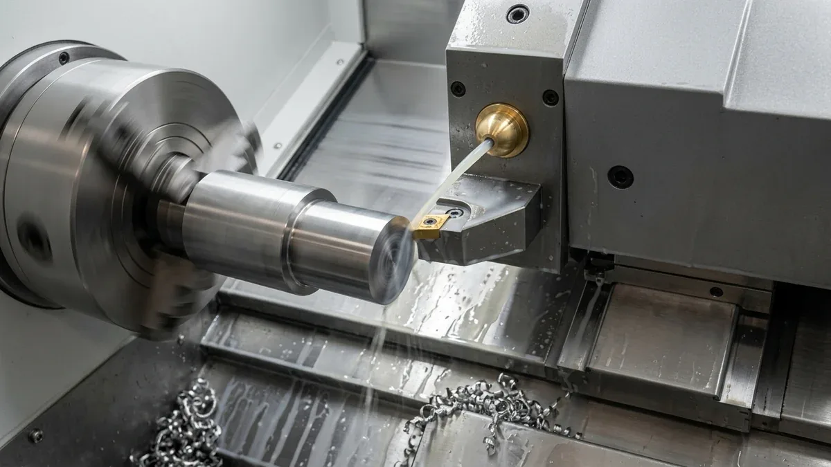 CNC lathe carbide insert executing G96 constant surface speed facing on titanium cylinder