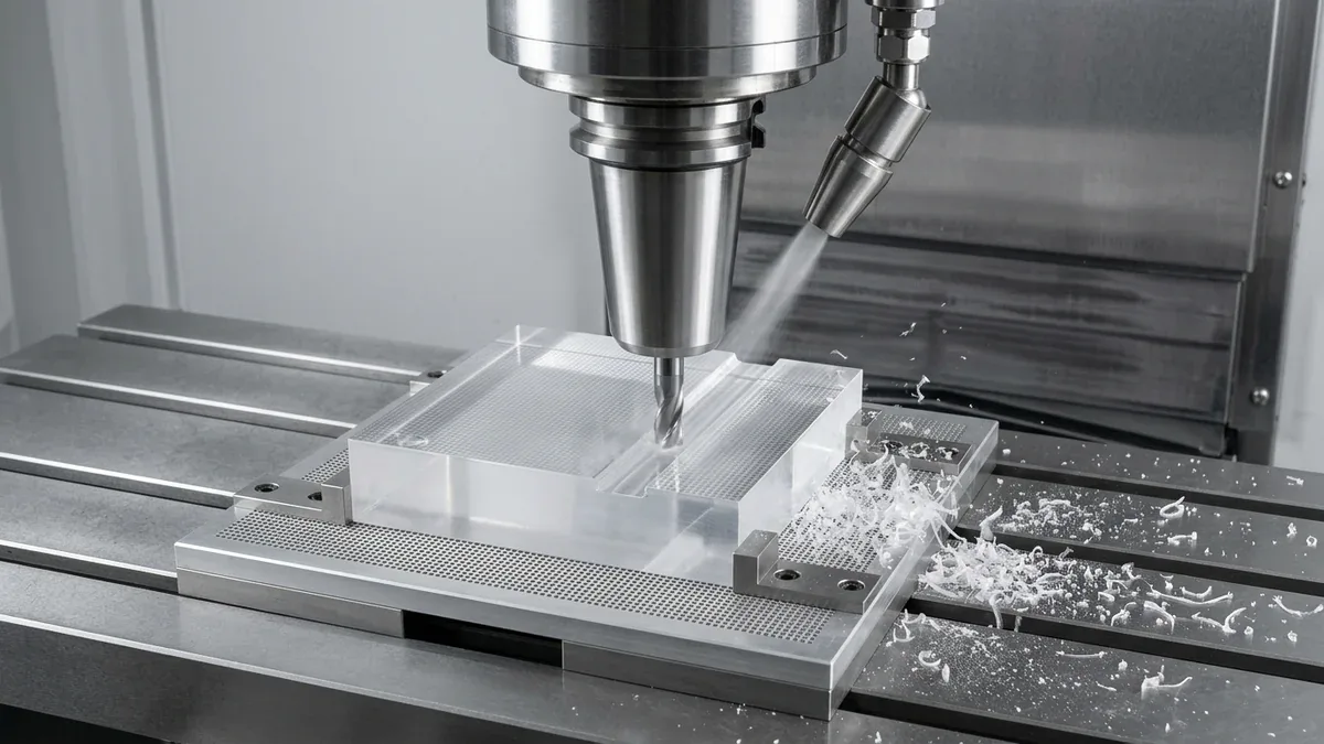 High-speed single-flute CNC milling of acrylic PMMA with cold air vortex tube cooling preventing surface whitening