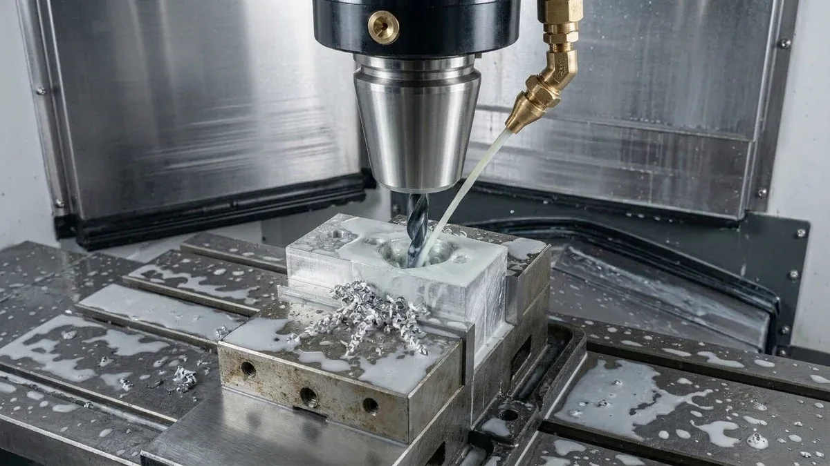 Solid carbide through-coolant drill bit high-pressure drilling aluminum block in high-speed CNC VMC