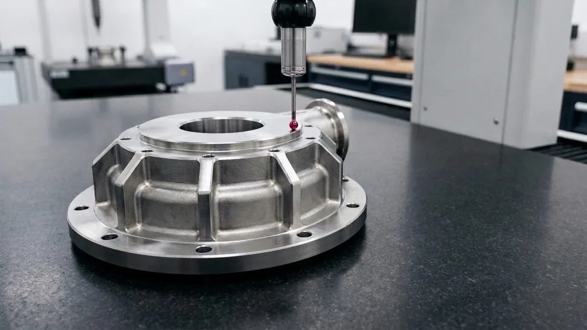 Precision digital height gage inspecting CNC-milled shoulder datum on stainless steel housing in QC lab