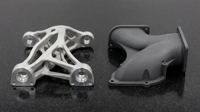 DMLS 3D-printed AlSi10Mg aluminum topology-optimized suspension bracket beside a charcoal-grey MJF PA12 nylon intake duct