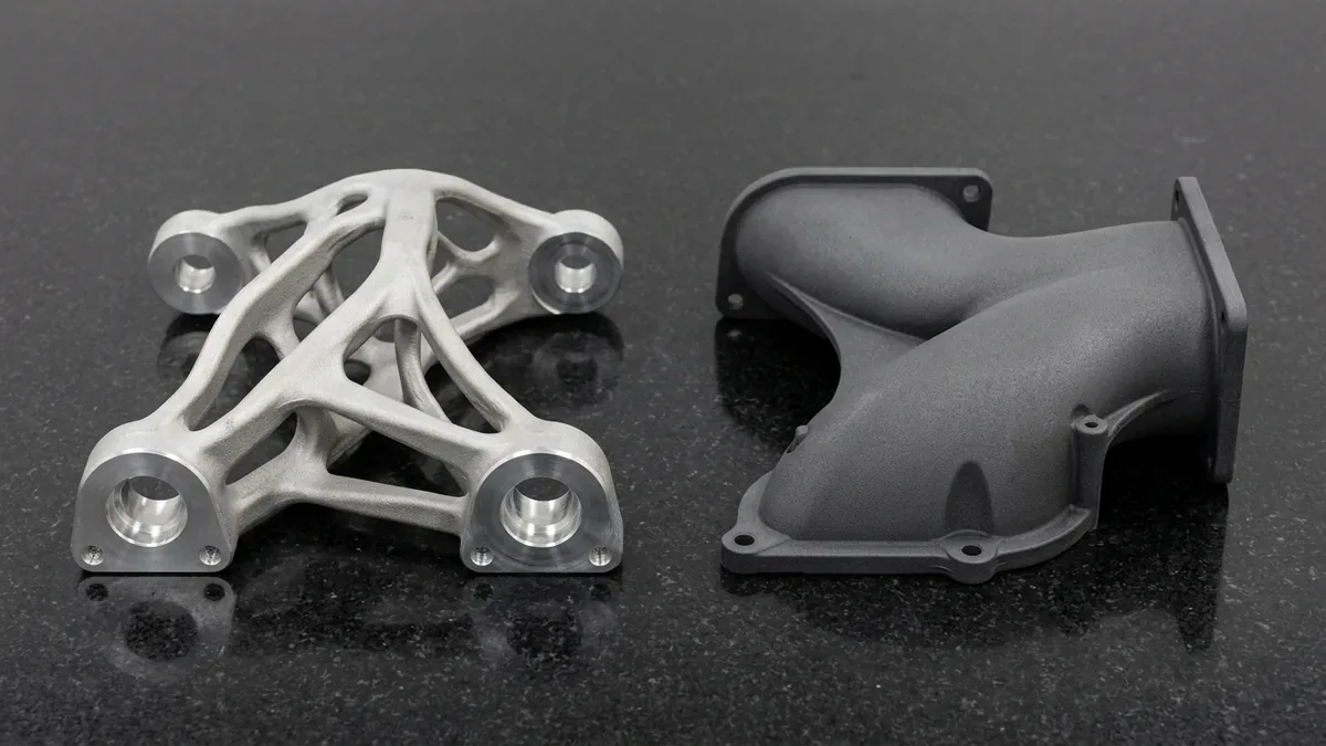 DMLS 3D-printed AlSi10Mg aluminum topology-optimized suspension bracket beside a charcoal-grey MJF PA12 nylon intake duct