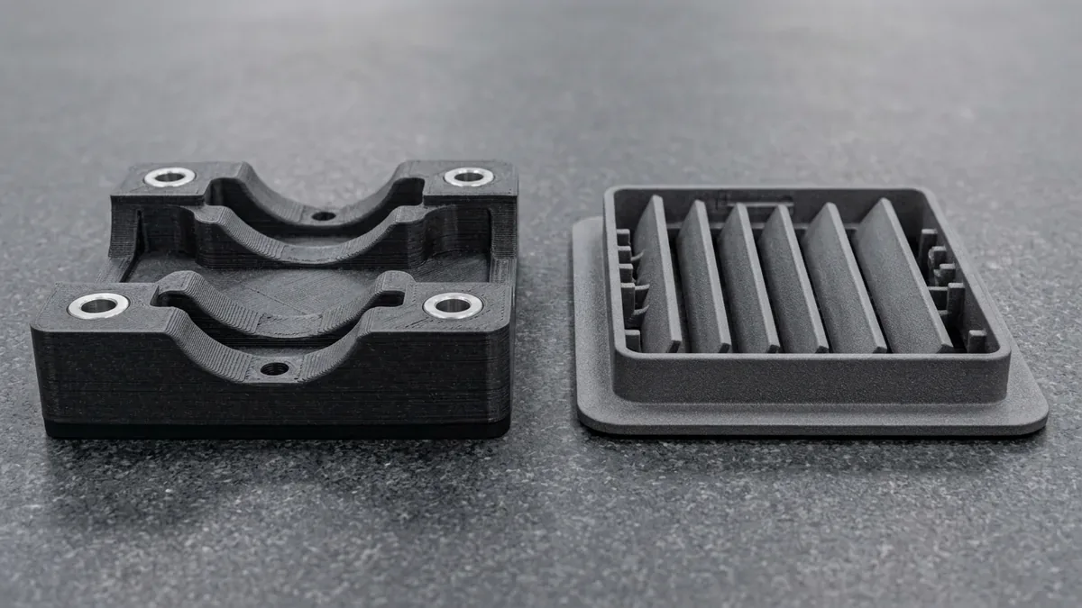 Carbon-fiber-reinforced nylon 3D-printed automotive checking fixture jig beside a charcoal-grey MJF PA12 air-vent bezel