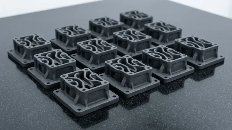 Serial production batch of high-precision additive manufactured functional end-use nylon PA12 components on inspection workbench