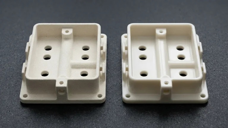 Side-by-side SLS PA12 nylon electronic enclosures on black granite comparing raw as-sintered matte granular texture against a sealed glossy chemical vapor-smoothed finish