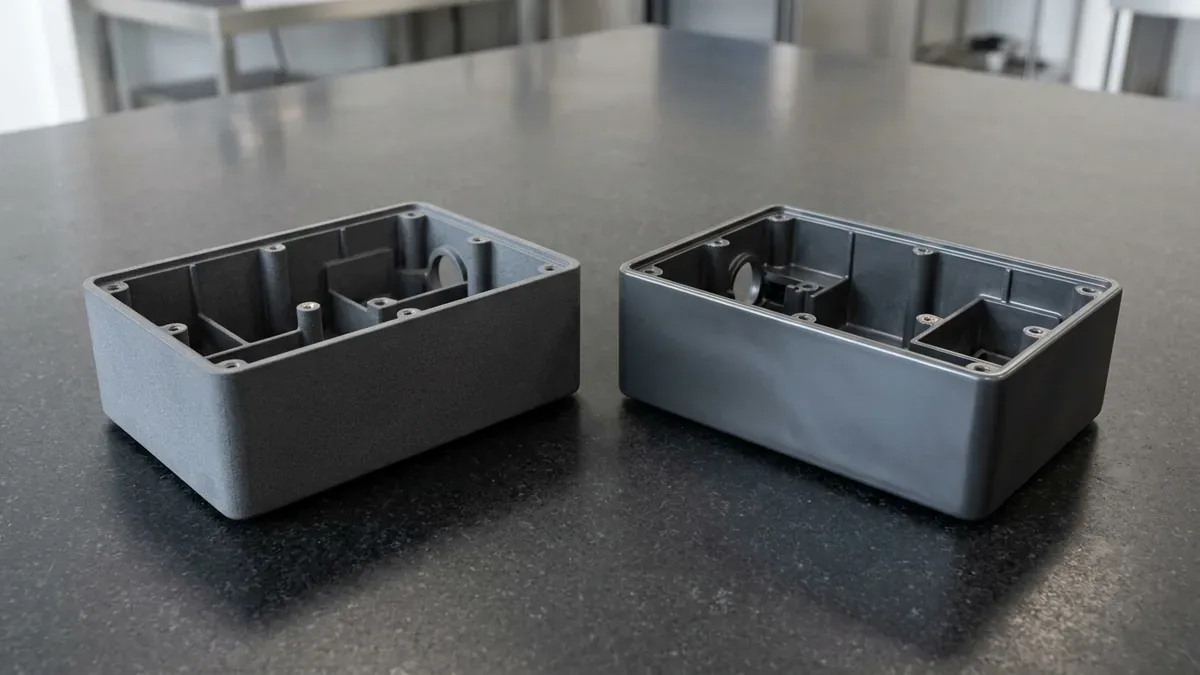 Two MJF 3D-printed PA12 nylon electronic enclosures comparing bead-blasted and vapor-smoothed surface finishes