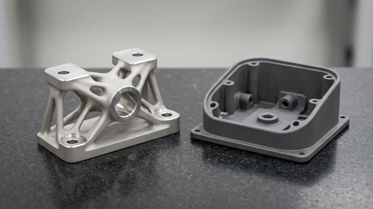 DMLS 3D-printed Ti-6Al-4V titanium topology-optimized aerospace bracket beside a vibratory-tumbled SLS PA12 nylon housing