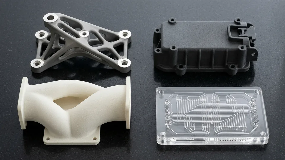 Precision 3D-printed functional components on black granite: DMLS titanium bracket with CNC-machined bores, water-clear SLA microfluidic block, and off-white SLS PA12 nylon manifold