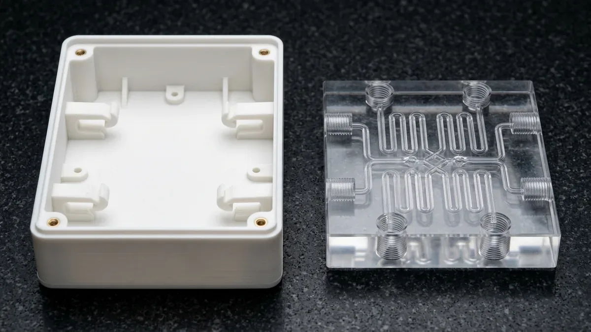 SLA printed white ABS-like enclosure with snap-fit cantilevers beside clear resin microfluidic manifold block