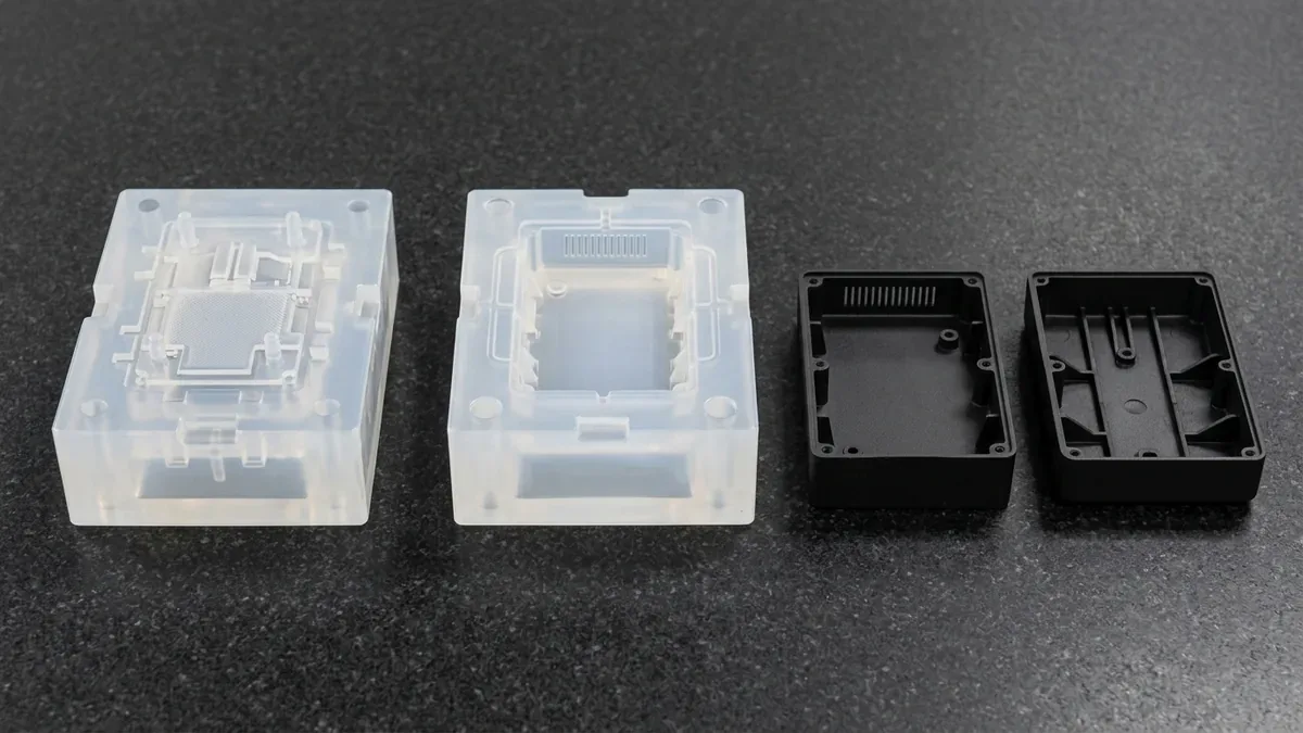 Two-part translucent RTV-2 silicone rubber mold blocks beside two matte-black polyurethane vacuum-cast enclosures