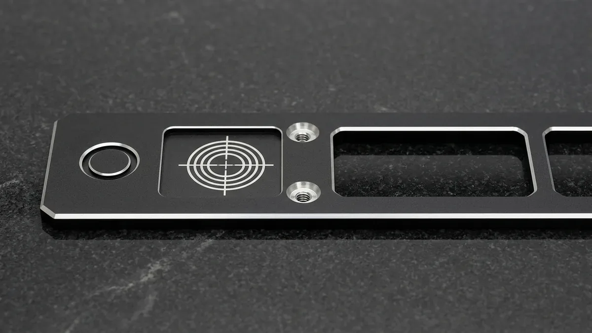 Laser engraved 6061-T6 aluminum instrument panel showing high-contrast rotary dials and alphanumeric serial numbers