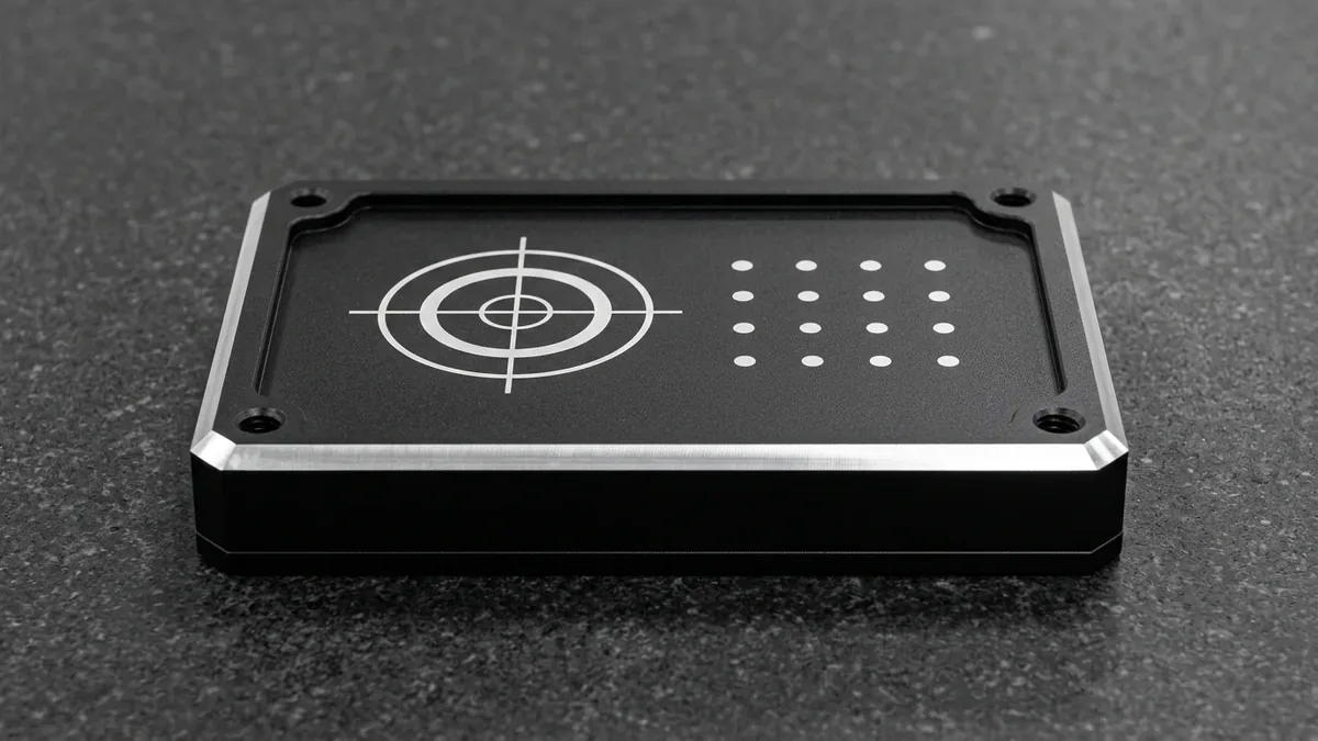 Matte-black hardcoat anodized 6061-T6 aluminum enclosure with fiber-laser-ablated circular fiducial alignment targets