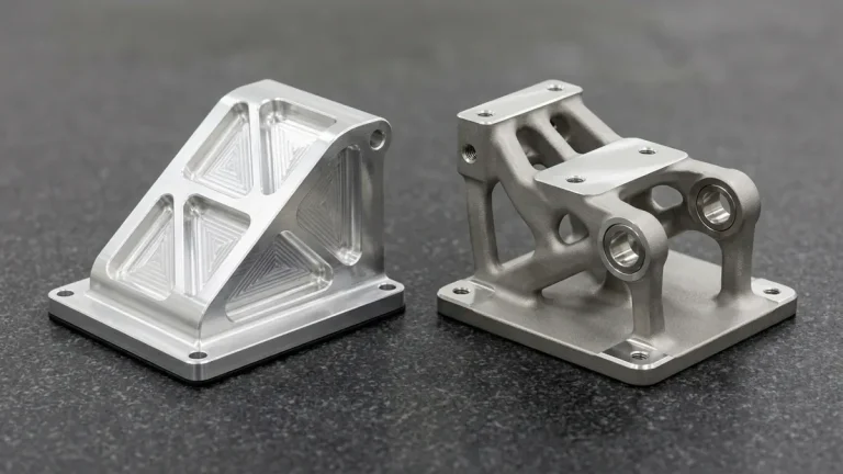 CNC-machined 7075-T6 aluminum avionics structural bracket beside a DMLS 3D-printed Ti-6Al-4V titanium topology-optimized bracket