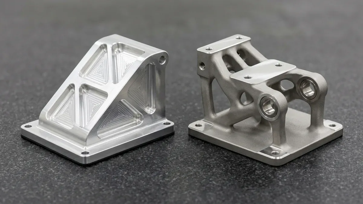 CNC-machined 7075-T6 aluminum avionics structural bracket beside a DMLS 3D-printed Ti-6Al-4V titanium topology-optimized bracket