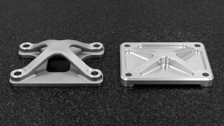 Two aerospace brackets: DMLS Ti-6Al-4V topology-optimized design and a CNC machined counterpart with milled mounting pads