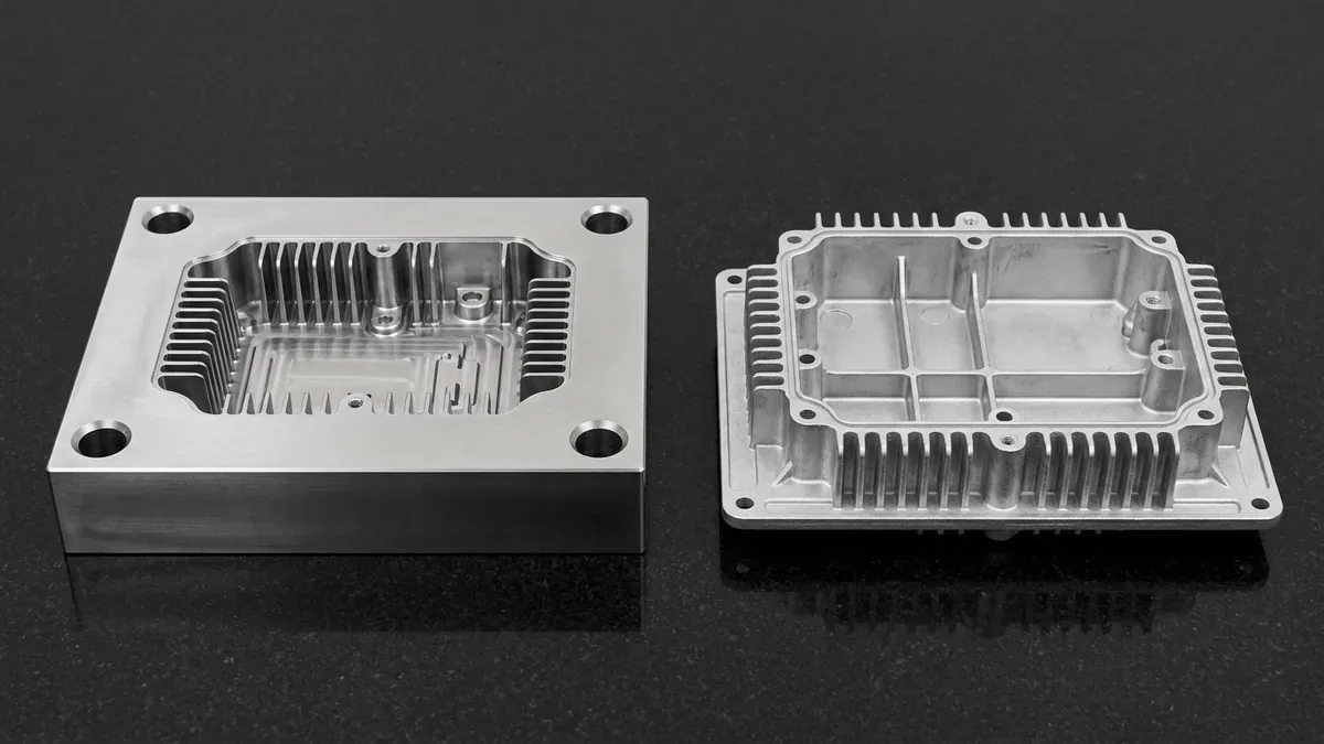 Polished tool steel high-pressure die-casting cavity insert block beside an aluminum automotive inverter housing