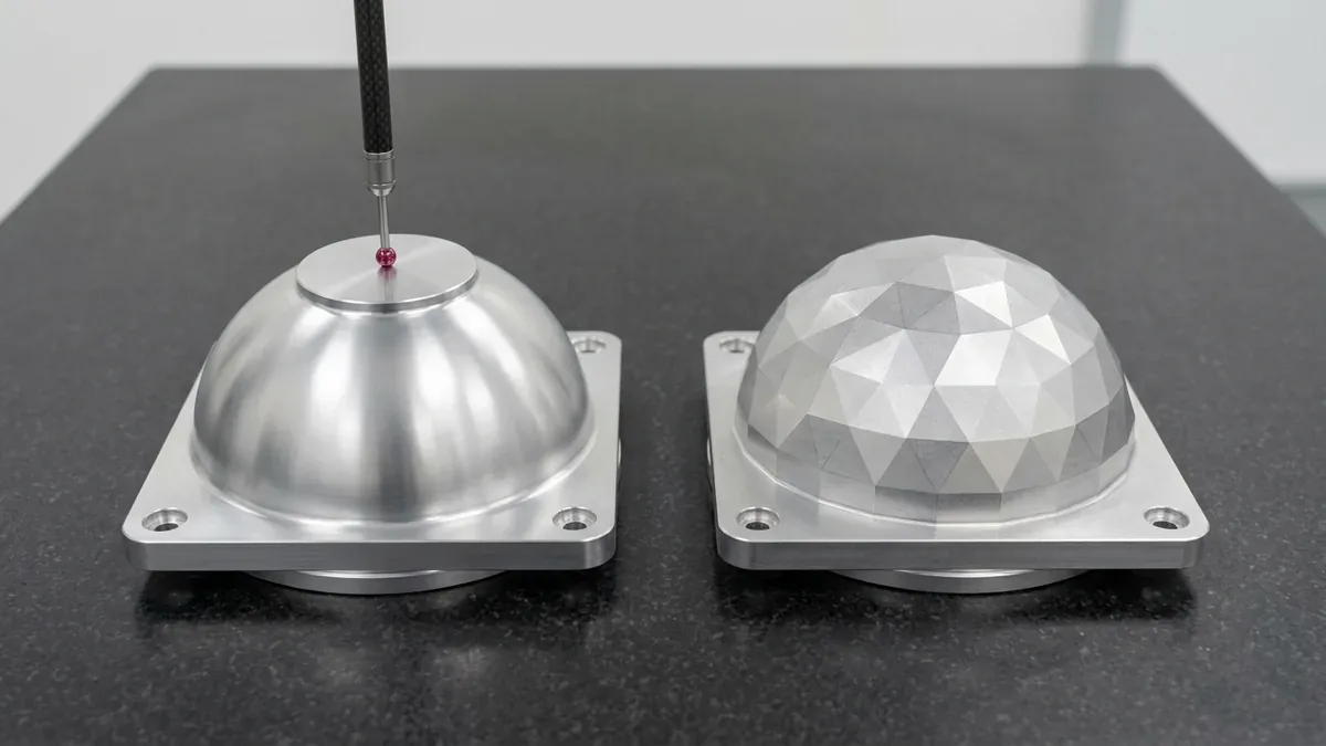Two CNC-machined 6061-T6 aluminum hemispherical dome housings comparing smooth parametric and faceted mesh surfaces