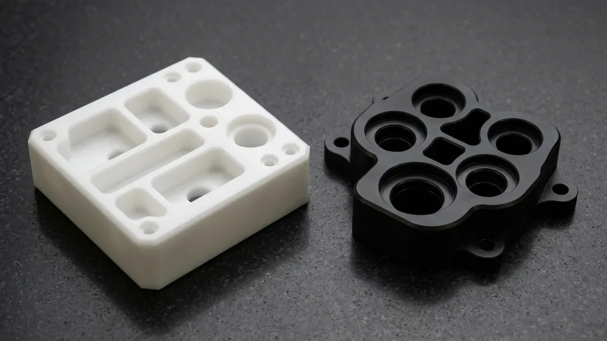 Precision CNC-machined opaque white and matte black POM-C acetal copolymer housing and bearing manifold