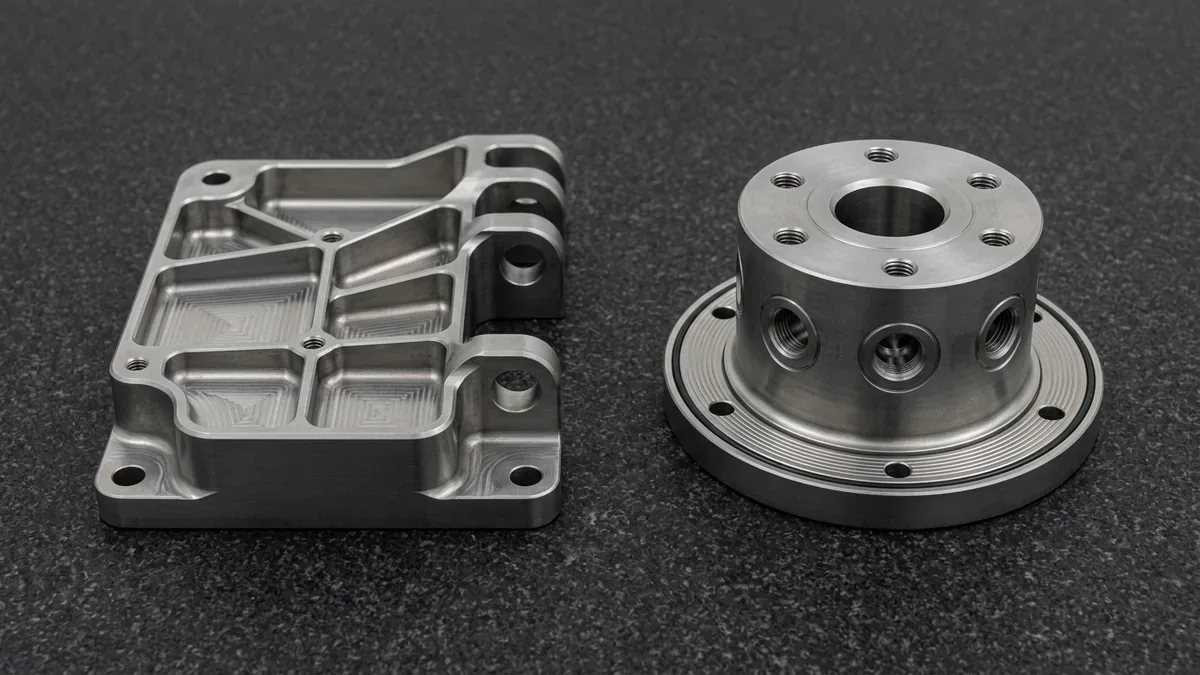 Two precision CNC-machined Ti-6Al-4V titanium aerospace actuator bracket and cylindrical housing components