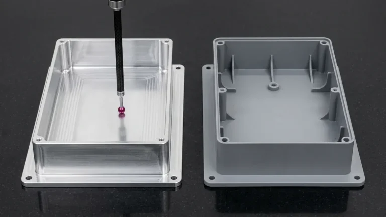 CNC machined 6061 aluminum prototype enclosure beside injection molded ABS/PC housing with ribs and draft