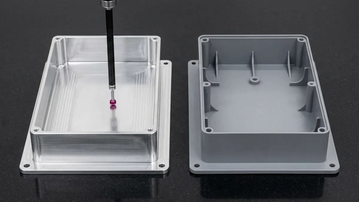 CNC machined 6061 aluminum prototype enclosure beside injection molded ABS/PC housing with ribs and draft